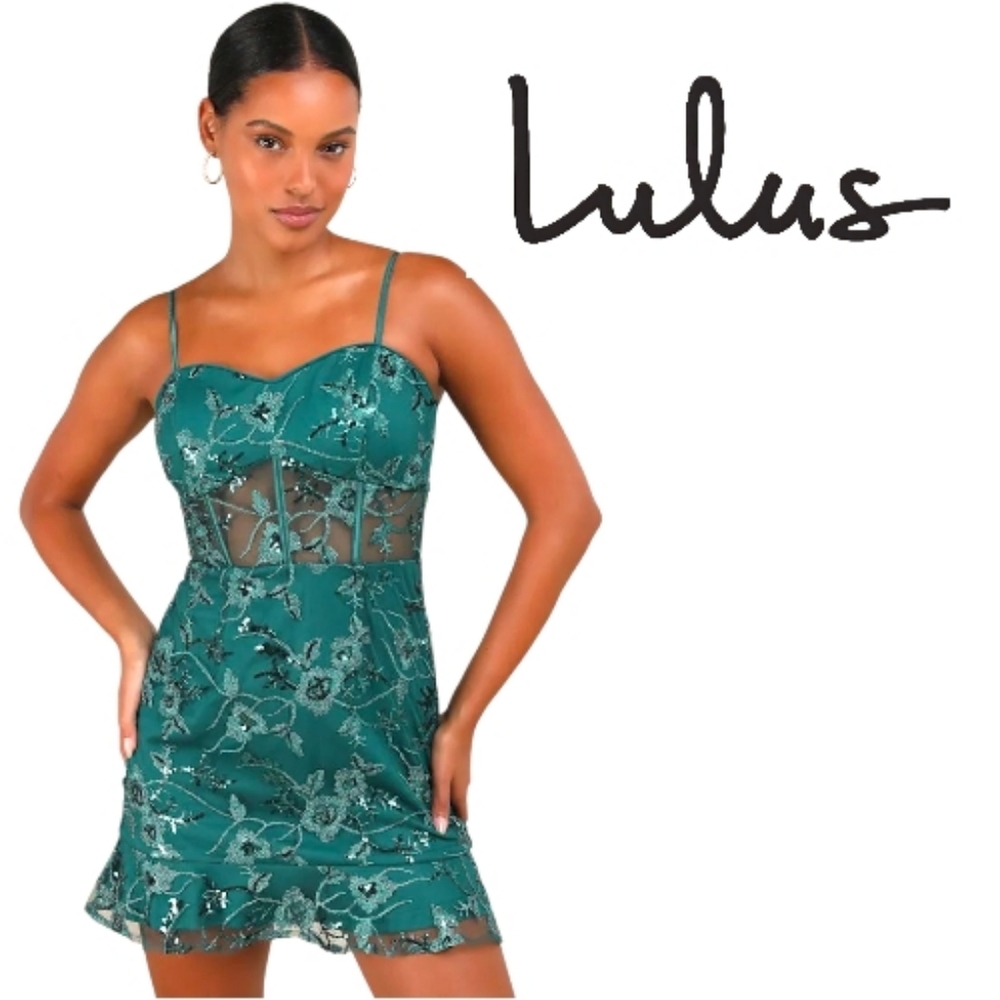 LULUS 'Glittering Delight' Emerald Mesh Sequin Embroidered Mini Dress NWT Small